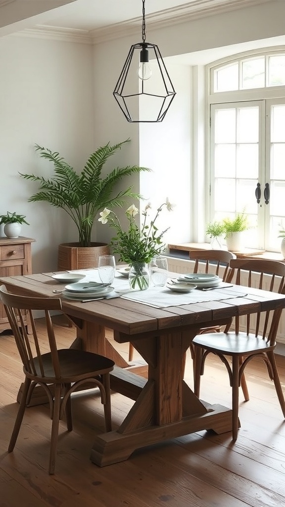 A rustic farmhouse dining table with a view of a window, surrounded by plants and a modern light fixture.