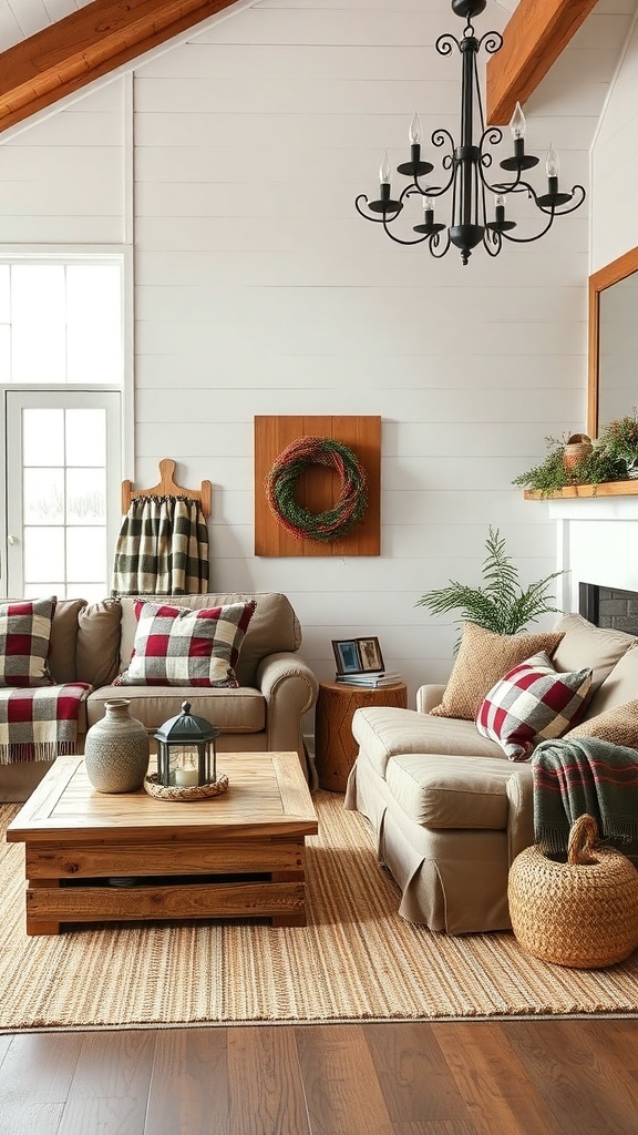 A cozy living room decorated in a rustic farmhouse style with plaid pillows, wooden furniture, and holiday decor.