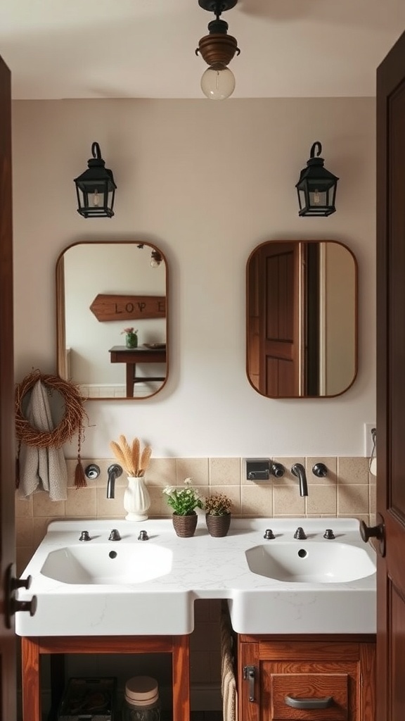 A rustic bathroom with wood vanities, vintage sconces, and natural decor.