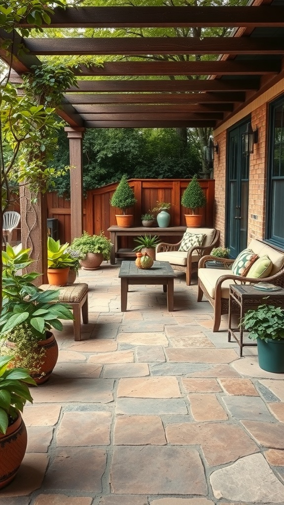 A rustic flagstone patio with comfortable seating and potted plants, surrounded by greenery.