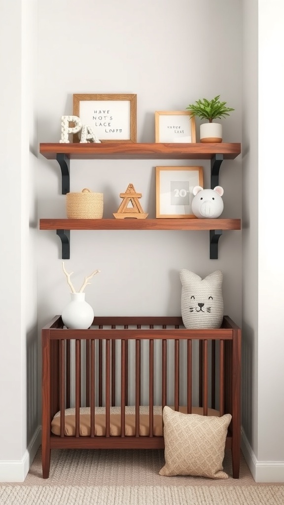 Rustic floating wooden shelves above a crib in a nursery, displaying decorative items and framed pictures.