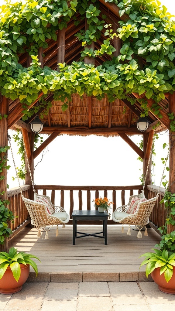 A rustic gazebo with climbing plants, featuring comfortable seating and a small table.