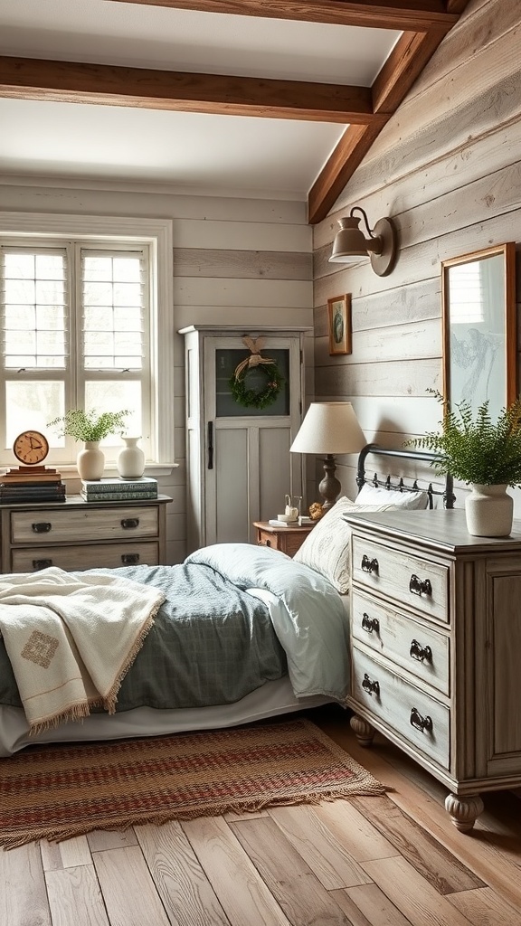 A cozy bedroom featuring rustic grey wood furniture, soft grey bedding, and warm decorative elements.