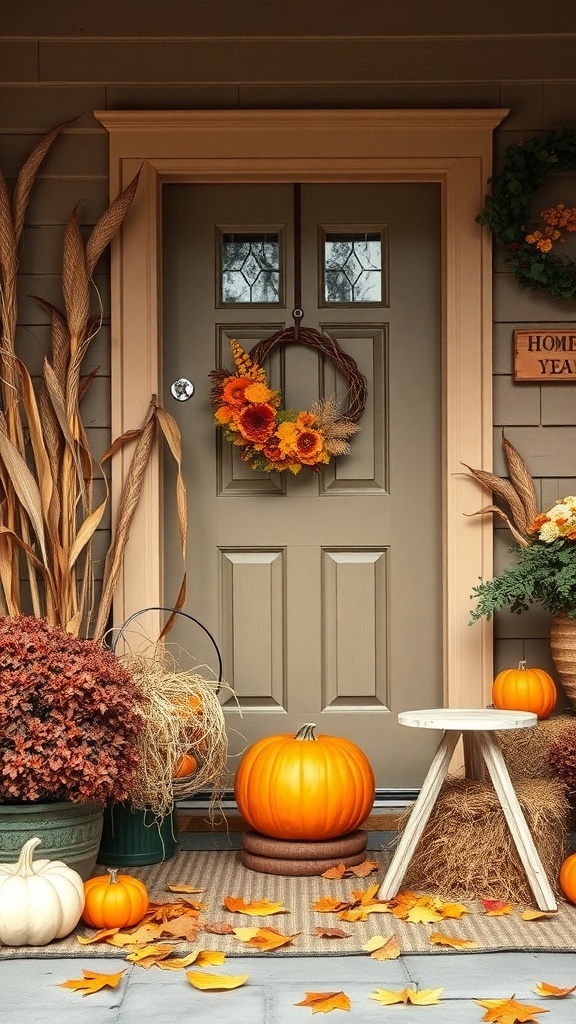 A rustic Halloween door decoration featuring a sunflower wreath, pumpkins, corn stalks, and autumn leaves.