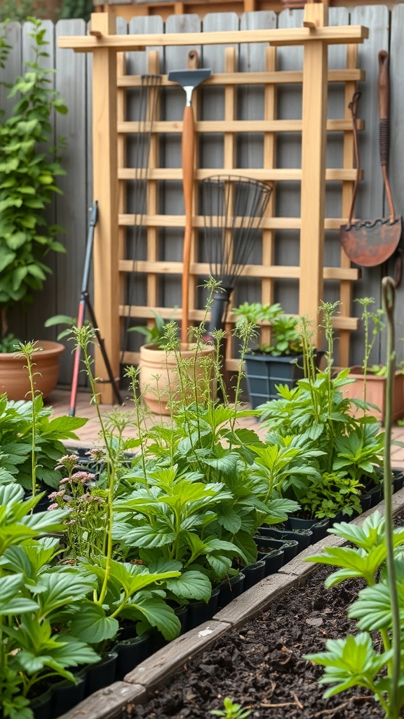 A rustic garden border featuring vibrant green herbs and vegetables, with a wooden trellis and gardening tools in the background.
