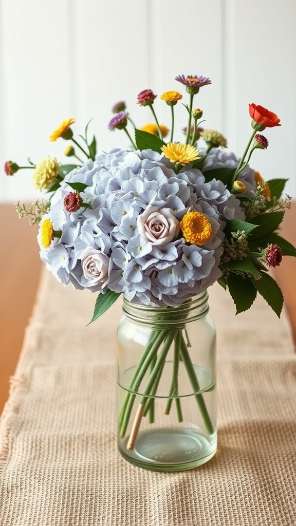 A rustic centerpiece featuring blue hydrangeas and colorful wildflowers in a glass jar.