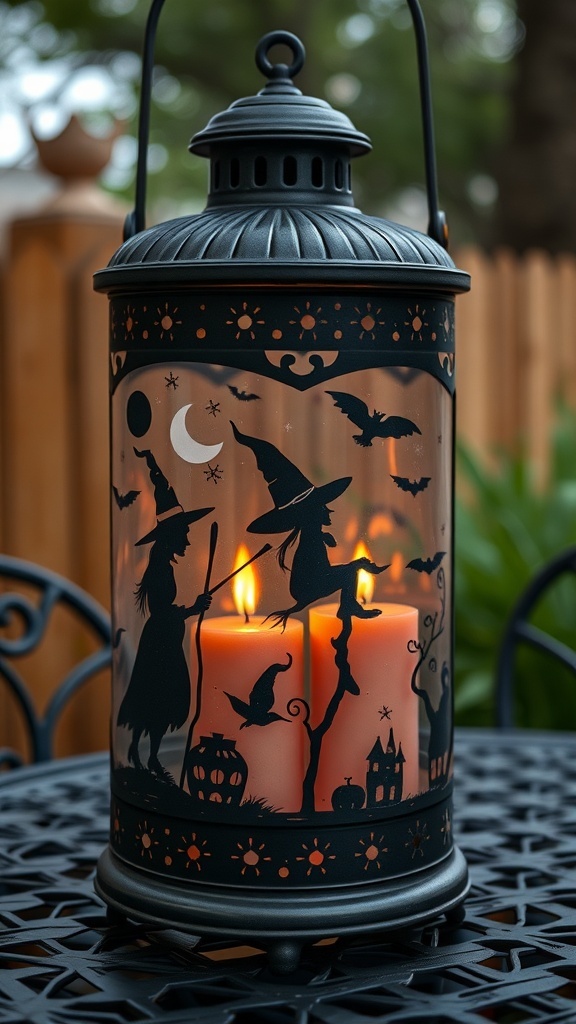 A rustic lantern featuring witch motifs, with glowing candles inside, casting shadows.