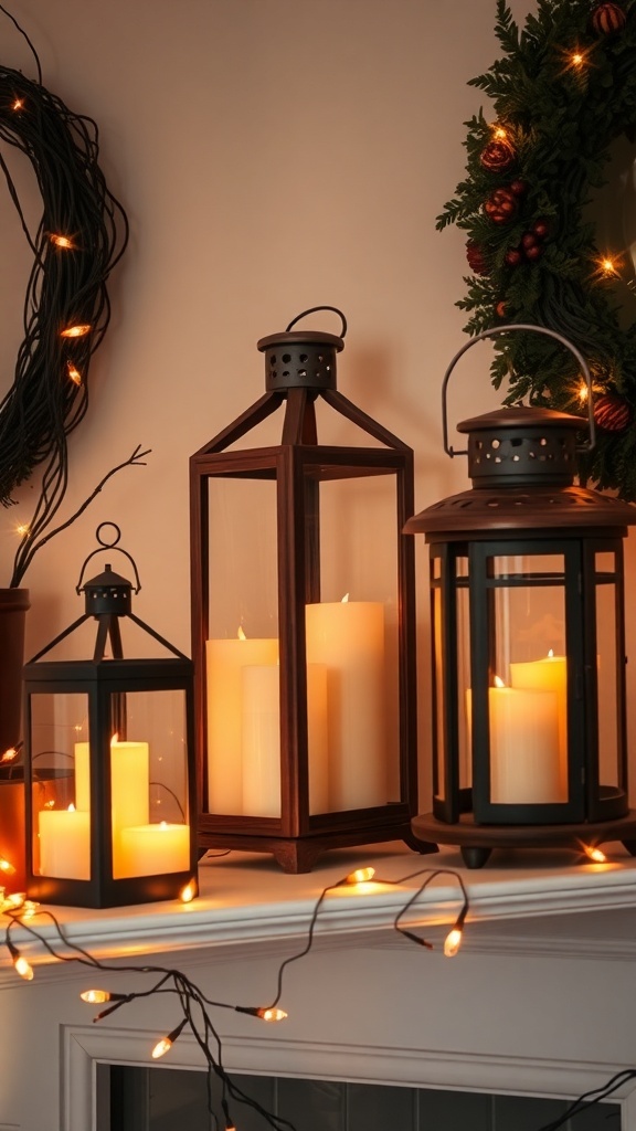 A cozy Halloween mantle decorated with rustic lanterns glowing with candlelight, surrounded by fairy lights.