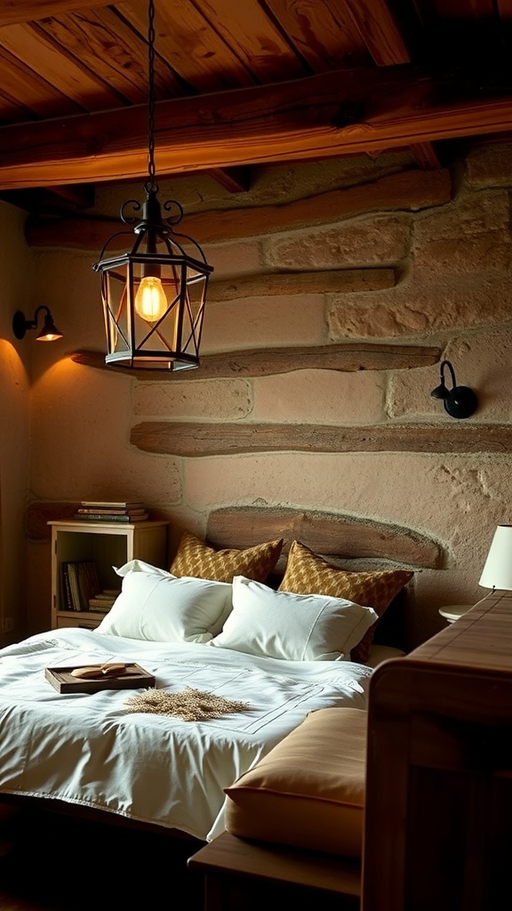 A rustic bedroom featuring a lantern-style pendant light and natural wood beams.