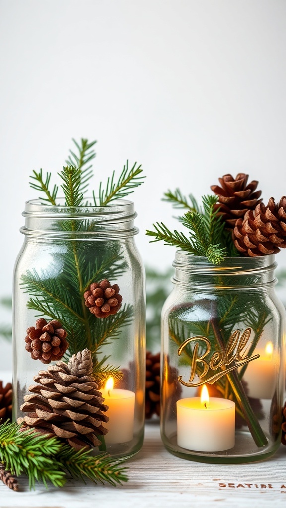 Rustic mason jar lanterns filled with greenery and pinecones, featuring candles for soft lighting.