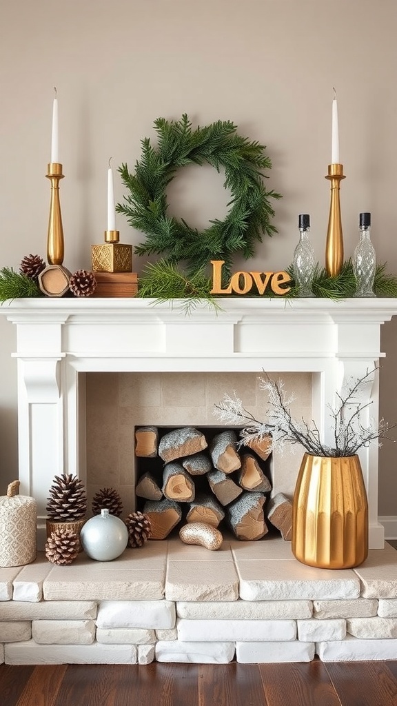A beautifully decorated fireplace mantel featuring a mix of rustic and modern elements, including a wreath, golden accents, and natural wood logs.