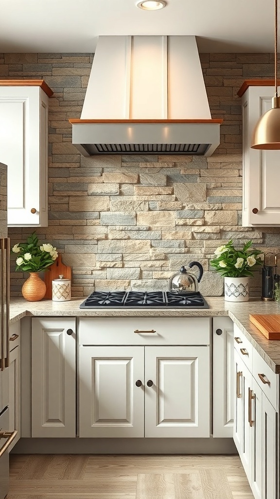 A kitchen featuring a rustic natural stone backsplash with white cabinets and modern appliances.
