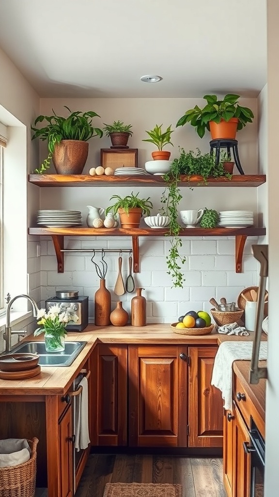 A rustic kitchen with open wooden shelves displaying plants and kitchenware.