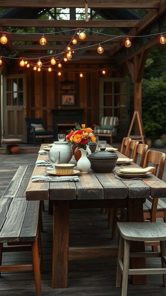 Rustic outdoor dining nook with a wooden table, string lights, and flower arrangements