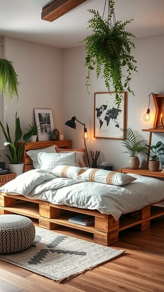 A cozy bedroom featuring a rustic pallet bed, warm lighting, and plants.