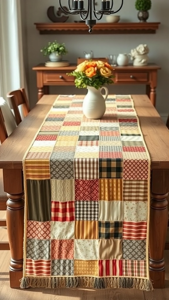 Rustic patchwork quilted table runner on a wooden dining table with flowers