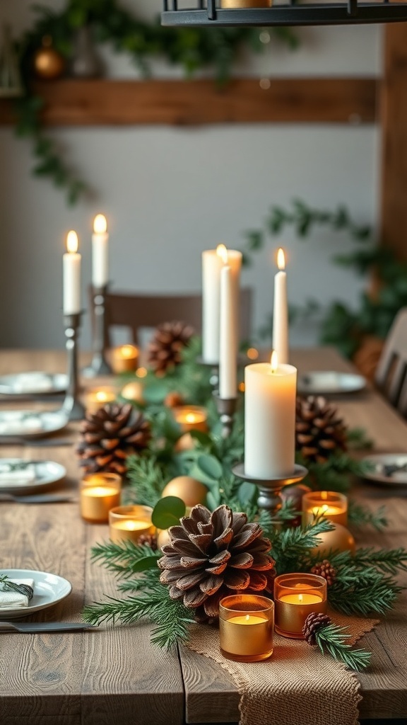 A rustic table centerpiece featuring pinecones, candles, and greenery for a festive Christmas decoration.