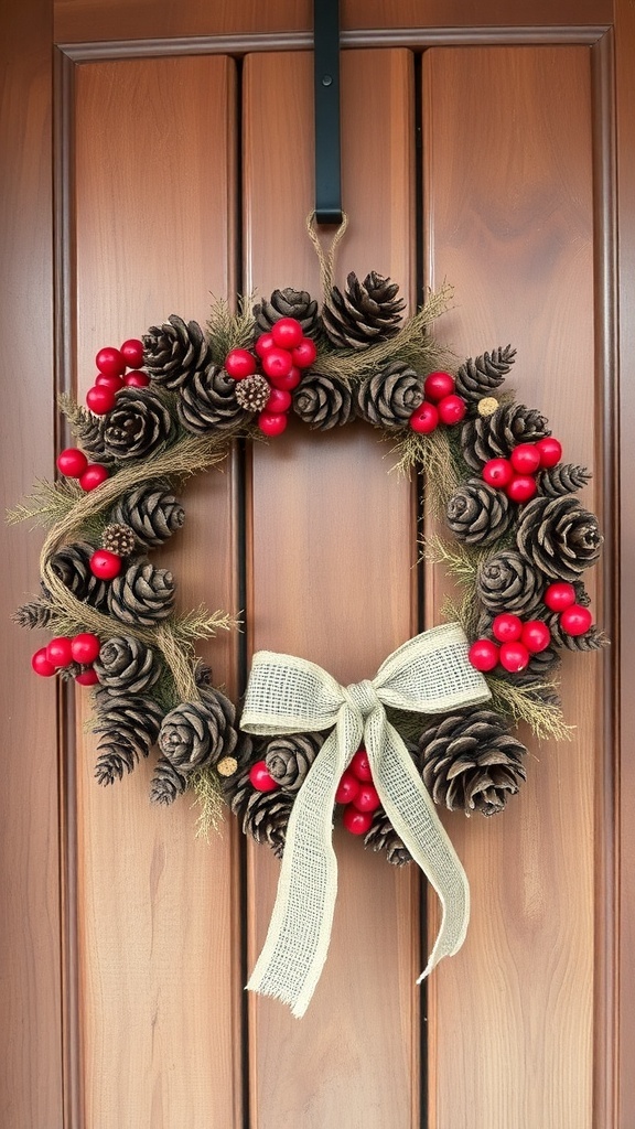 A rustic pinecone wreath with red berries and a burlap bow, hanging on a wooden door.