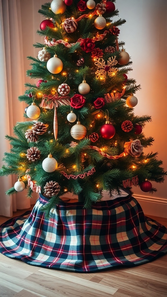 A beautifully decorated Christmas tree with a rustic plaid tree skirt, featuring ornaments and warm lights.