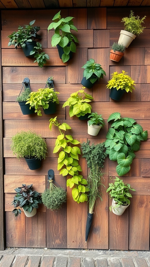 A vertical garden made from reclaimed wood featuring various herbs and plants in pots.