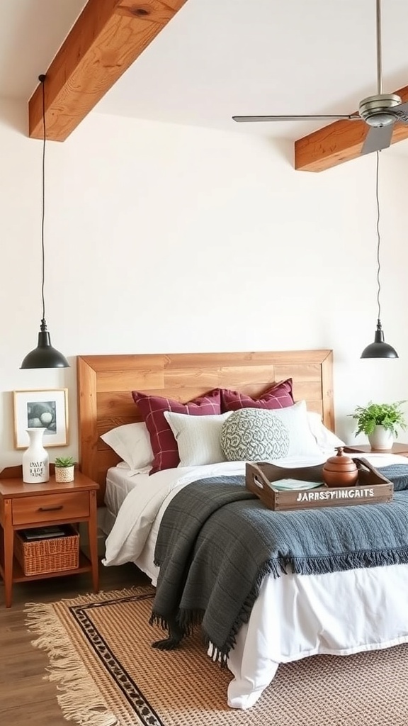A cozy bedroom featuring a rustic reclaimed wood headboard, soft bedding, and warm decor.