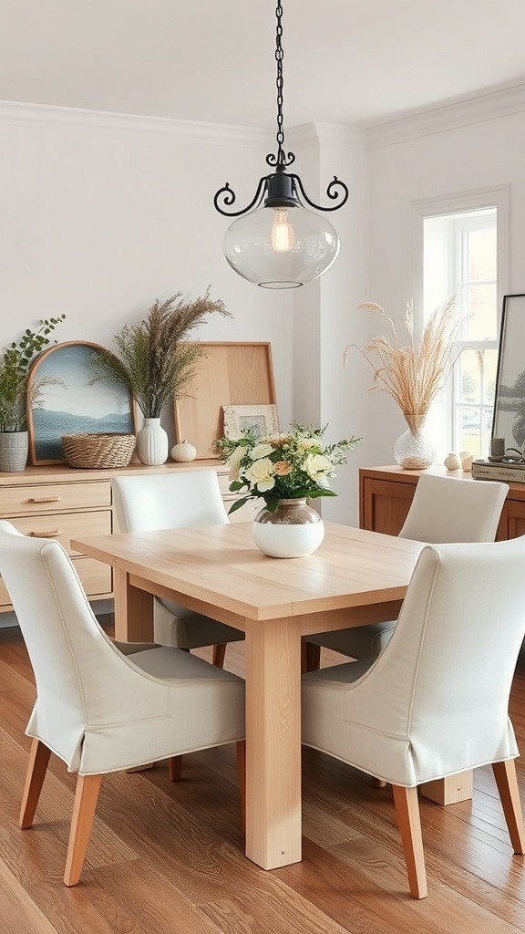 A rustic yet refined dining room featuring a light wooden table, upholstered chairs, and a stylish pendant light.