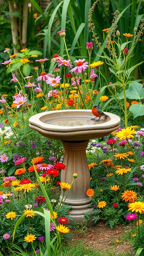 A rustic stone bird bath surrounded by colorful wildflowers in a garden.
