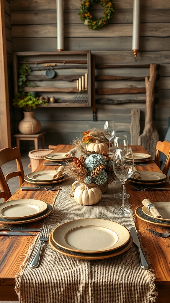 Rustic Thanksgiving table setting with burlap runner, plates, and decorative pumpkins