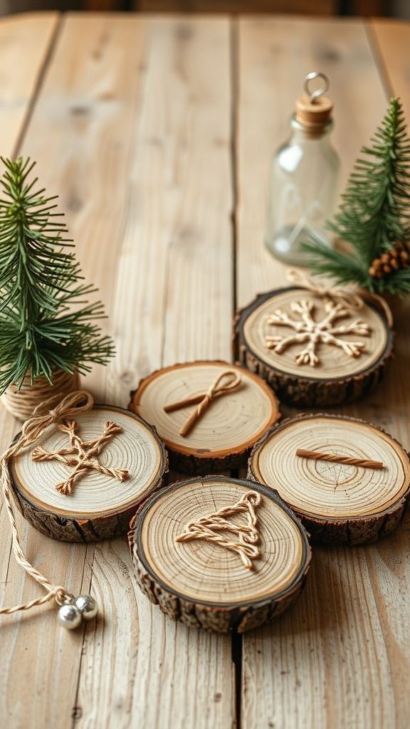 Rustic tree slice ornaments with twine designs on a wooden table