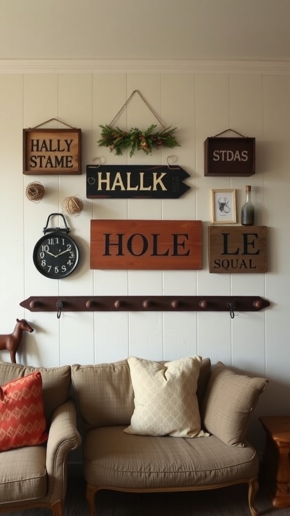 A rustic wall décor arrangement featuring wooden signs, a vintage clock, and a peg rail.