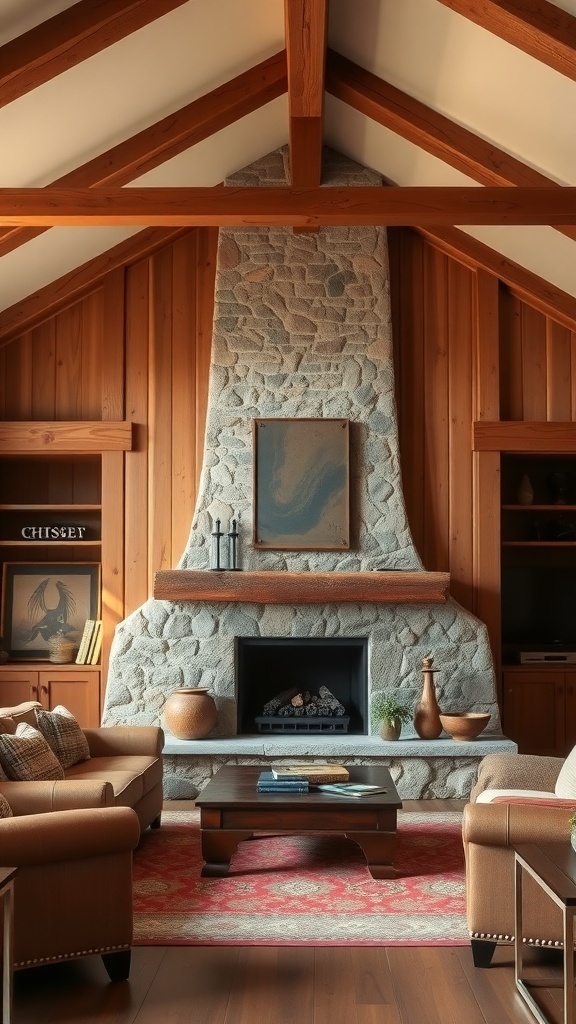 A cozy living room featuring a rustic walnut finish with wooden beams and a stone fireplace.