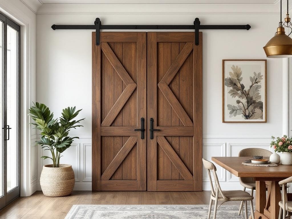 A rustic walnut stained barn door with black hardware in a modern interior setting.