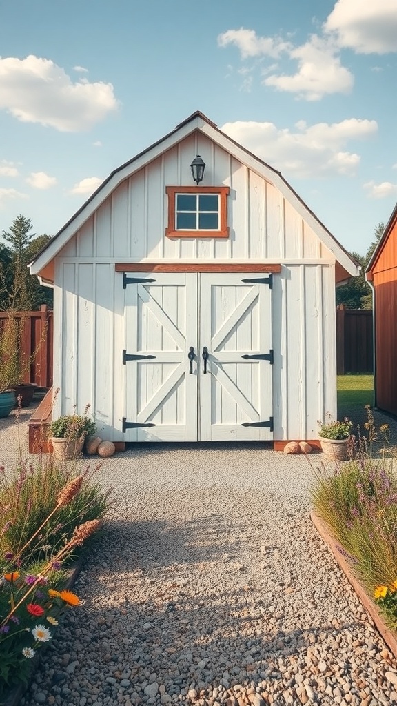 A rustic white barn shed with a peaked roof, surrounded by flowers and gravel paths.