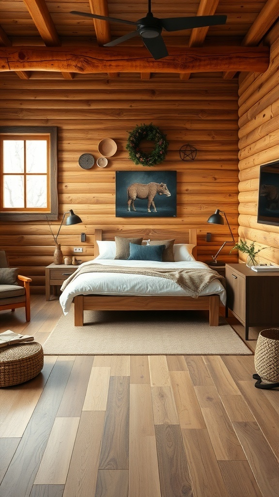 A rustic bedroom with wooden walls, a cozy bed, and stylish lighting.