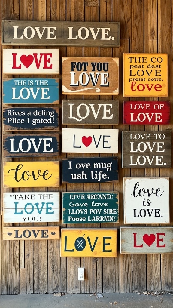 A collection of rustic wood signs with various love quotes in different colors and styles.