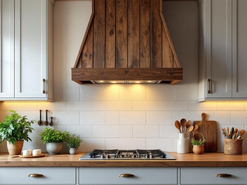 A kitchen featuring a rustic wood slat vent hood cover, surrounded by plants and kitchen utensils.