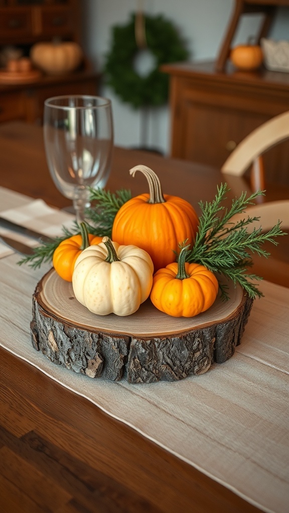 A rustic wood slice base with pumpkins and greenery arranged on a table.