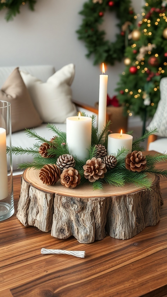 Rustic wood slice centerpiece with candles and pinecones on a coffee table