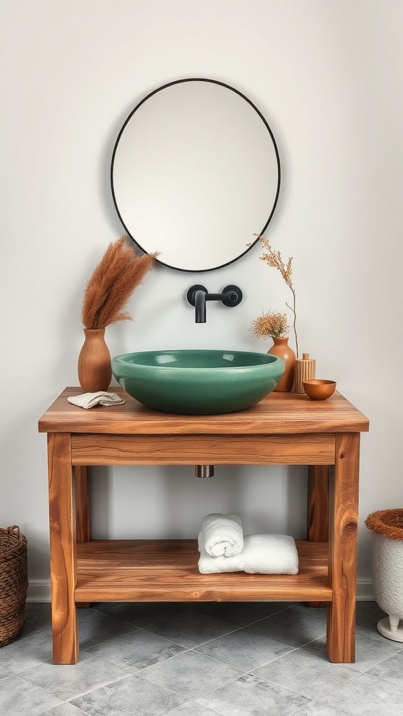 A rustic wood vanity with a green ceramic sink and decorative items.