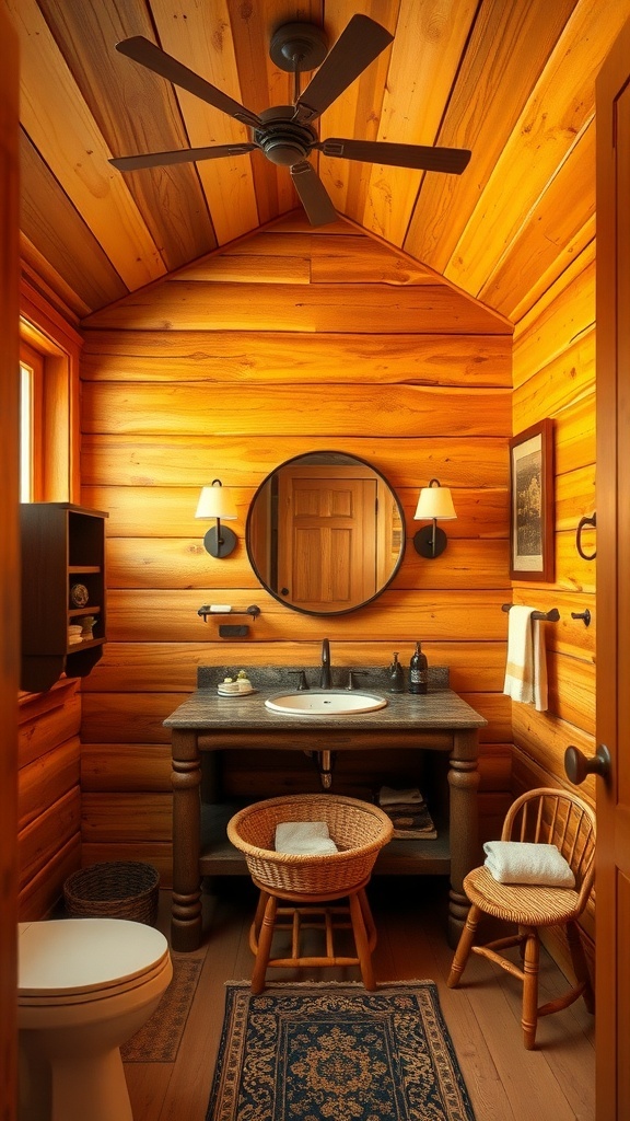 A cozy bathroom with a rustic wooden ceiling, stone walls, and soft lighting.
