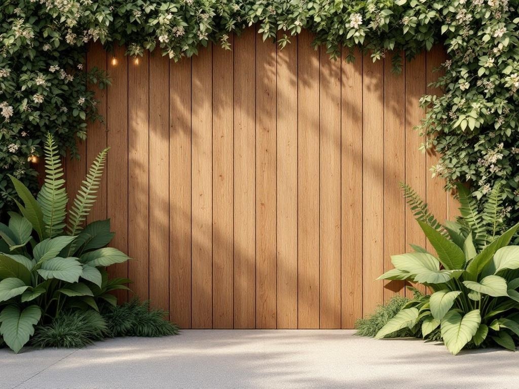 A rustic wooden backdrop surrounded by greenery and plants, ideal for a garden wedding ceremony.