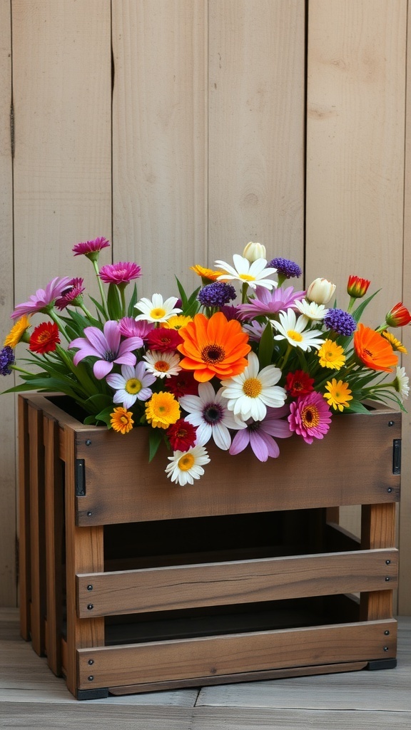 A rustic wooden crate filled with colorful flowers, including daisies and gerberas, against a wooden background.