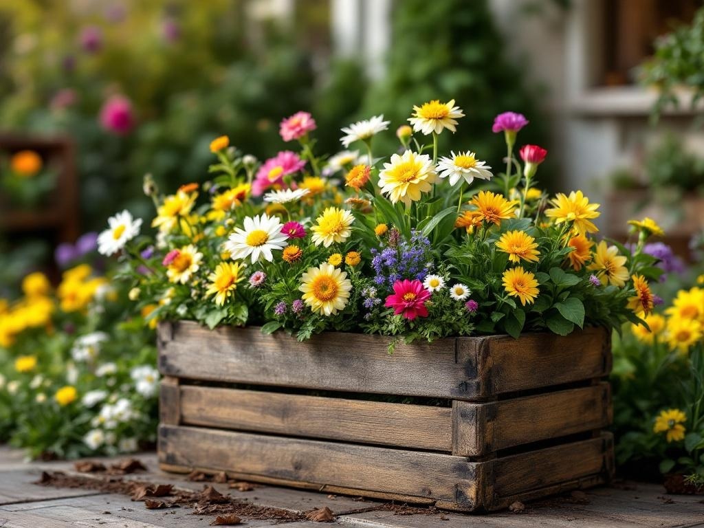 A rustic wooden crate planter filled with colorful flowers, showcasing a vibrant spring garden.