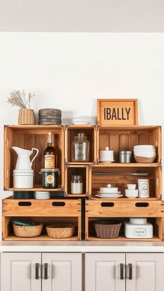 A display of rustic wooden crates above kitchen cabinets, filled with dishes, glassware, and decorative items.