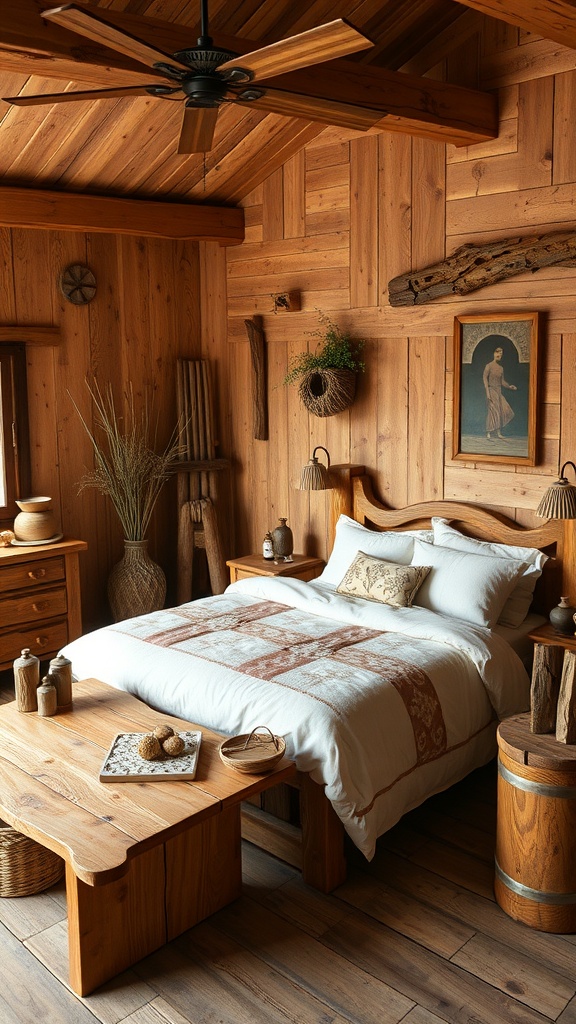 A cozy Southwestern bedroom featuring rustic wooden furniture, including a bed, coffee table, and dresser, all set against warm wooden walls.