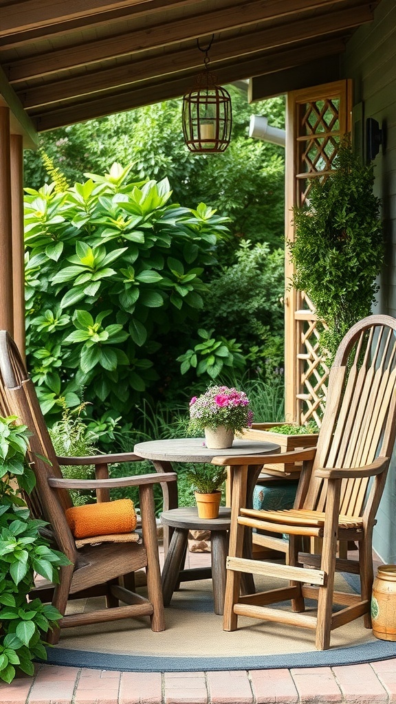 A cozy front porch featuring rustic wooden furniture, including rocking chairs and a small table surrounded by greenery.