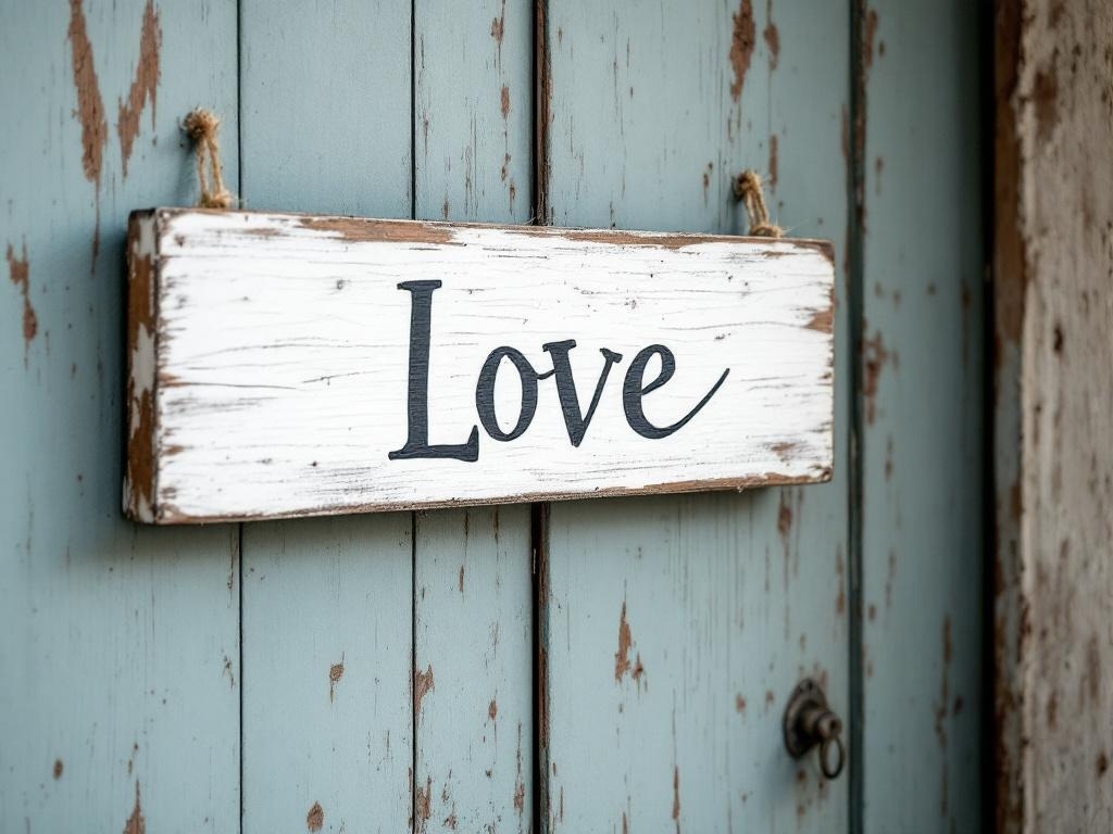 Rustic wooden sign with the word 'Love' hanging on a door