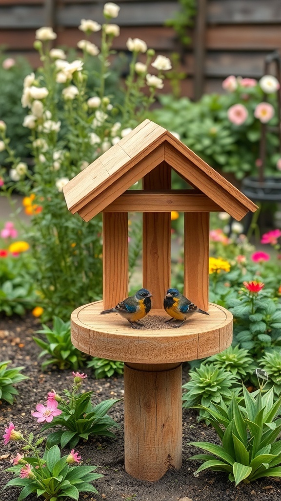 A rustic wooden pallet bird bath with two colorful birds perched on it, surrounded by blooming flowers in a garden.