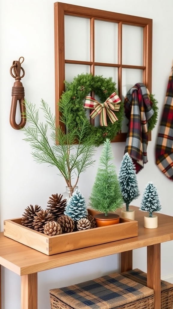 A rustic entryway table decorated with pinecones, mini evergreen trees, and a wreath, showcasing a cozy woodland theme.