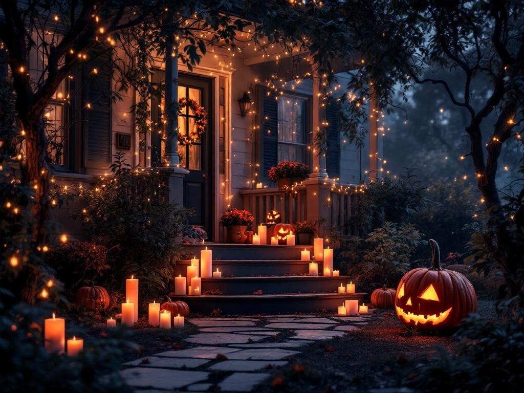 A cozy Halloween front porch decorated with glowing pumpkins, twinkling lights, and candles.